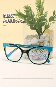 Detail of blue and black tortoiseshell eyeglass frames with vintage patterned temples