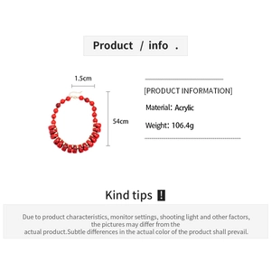 Detailed info for the red acrylic beaded necklace showing weight, size, and material specs