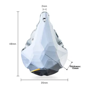 Detailed dimensions of crystal pendant 48x35x15mm with faceted leaf shape and top hole