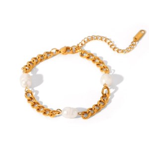 French style 18K gold plated Cuban chain bracelet with three white freshwater pearls