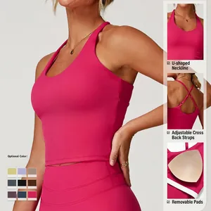 Rose red cross back sports bra with adjustable straps and removable pads for yoga