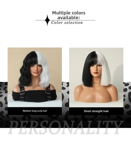Detail view of Cruella cosplay wigs in split black and white curly and bob styles