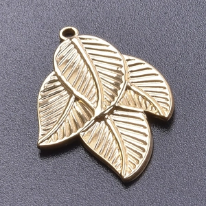 Detailed macro view of 18k gold plated stainless steel leaf pendant with texture