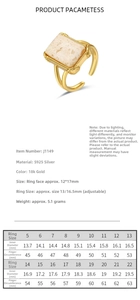 Detailed size chart for 925 silver 18k gold adjustable ring with marble stone inlay