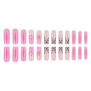 Pink gradient press-on nails with 3D floral accents and elegant leopard print patterns