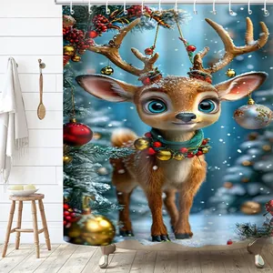 Detailansicht des 3D-Weihnachtsrentierdrucks auf wasserdichtem Duschvorhang im Bad