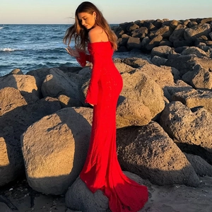 Detailed lace texture and flare sleeves of the red off-shoulder slim-fit maxi dress