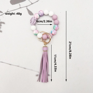 Lila Silikon Perlen Armband Schlüsselanhänger mit Blatt und Leder Quaste Maße
