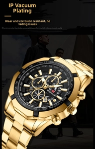 Detail of multi-functional men's watch with IP vacuum plating gold steel band