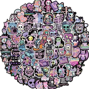 Set of 100 gothic creepy cute stickers in pink and purple for laptop and luggage decor