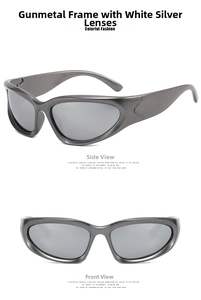 Front and side view of steampunk Y2K sports sunglasses with gunmetal frames and silver mirrors