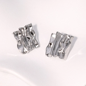 Minimalist silver wavy irregular square stainless steel stud earrings for women