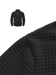 Macro detail of men's black polo sweatshirt showing waffle texture and buttoned collar