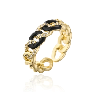 Detail of 18K gold plated chain ring with black enamel oil drip and zircon inlay