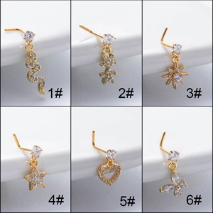 Fashion Metal Zirconia L-Shape Nose Stud For Women Heart Snake Butterfly Star Pendant Nose Ring Piercing Jewelry
