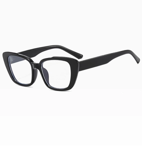 Detailed side view of black cat-eye glasses frame with glossy finish and clear lenses