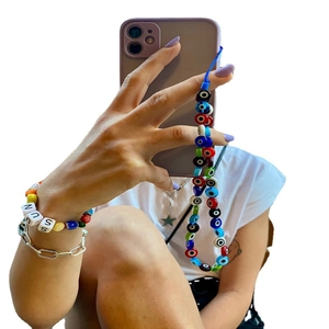 Colorful evil eye beaded phone lanyard and matching SUN letter bracelet set for women