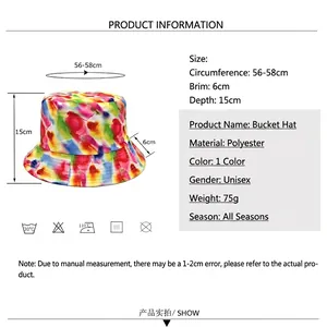 Colorful tie-dye bucket hat for adults with detailed size specifications and dimensions