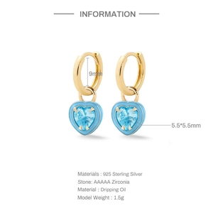 S925 sterling silver heart hoop earrings with blue drip oil and AAAAA zircon crystals