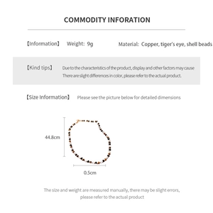 Détails du collier en oeil de tigre et nacre avec dimensions et diamètre des perles