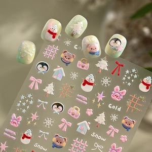 3D embossed Christmas nail art stickers featuring winter bears, penguins, and snowflakes