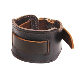 Detailed close-up of dark brown genuine leather bracelet with stitching and buckle