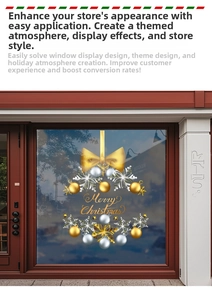 Detail of Christmas wreath window sticker with gold ornaments and a Merry Christmas bow