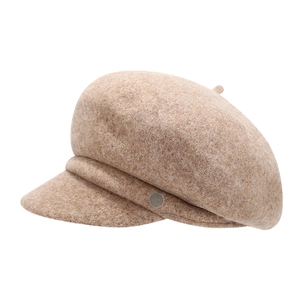 Retro light beige wool blend baker boy hat with a silver metal buckle on a white background