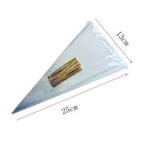 Transparent triangle OPP treat bags with gold twist ties for candy 13x25cm