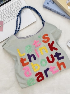 Women Tote Bag Polyester Large Capacity Shoulder Handbag With Colorful Chenille Letter Embroidery Braided Rope Handle Casual Streetwear