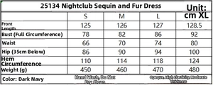 Size chart table for sleeveless sequin backless dress with fabric and care details