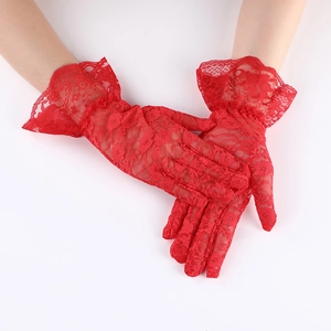 Women's summer red lace sun protection gloves with elegant floral mesh and ruffled cuffs