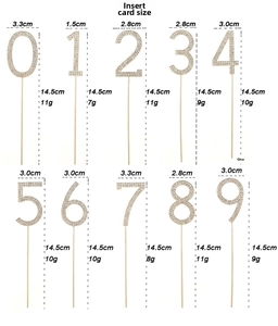 Size chart showing height and width specifications for alloy rhinestone number cake toppers