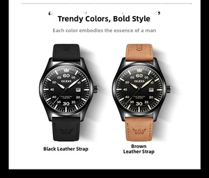 Detail view of OLEVS quartz watches in black and brown leather bands for men