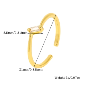 Detail view of gold open ring showing dimensions and weight with rectangle gemstone