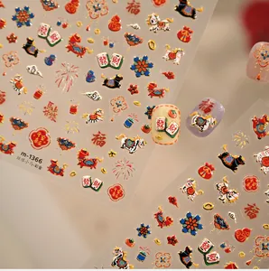 Macro shot of 3D embossed nail stickers featuring Chinese zodiac horse and lucky symbols