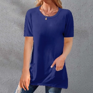 Detail view of the round neck and dual front pockets on this loose blue longline T-shirt