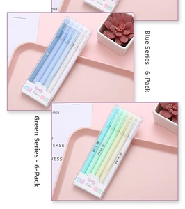 Macro detail of Morandi color gel pen set in 6-pack blue and green tones