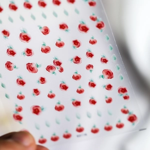 3D embossed red rose and green leaf watercolor nail art stickers with model number 30178