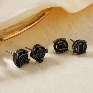 Geometric black copper earrings with pavé cubic zirconia for men and women