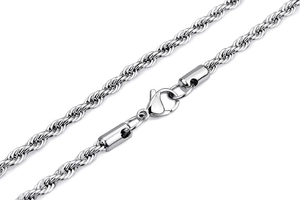 Close-up of silver twist rope chain with lobster clasp and metal texture detail