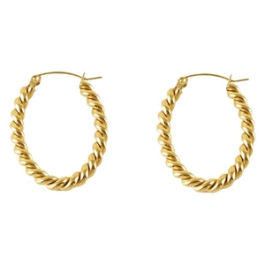 Pair of gold oval twisted stainless steel hoop earrings with a vintage spiral texture