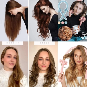 Heatless hair curler set with satin roller and scrunchies showing before and after results