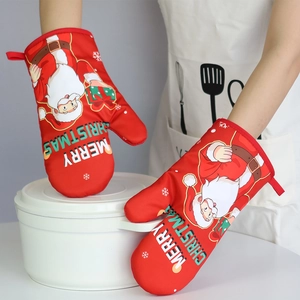 Christmas oven mitts heat resistant baking gloves kitchen red cute Santa holiday tools design