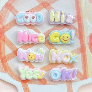 Set of 8 colorful resin macaron letter charms including GOOD and HI for DIY crafts