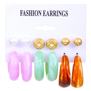 Set of 6 assorted earrings featuring pearls, gold metal studs, and colorful resin hoops
