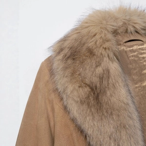 Women's brown faux suede jacket with thick faux fur collar for autumn and winter wear