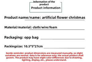 Detailed product specs of artificial Christmas flowers made of cloth, iron wire and foam