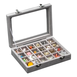 Large capacity gray velvet jewelry box with 20 compartments and clear display lid