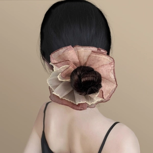 Coffee and pink gradient layered chiffon oversized scrunchie for ponytail hairstyles